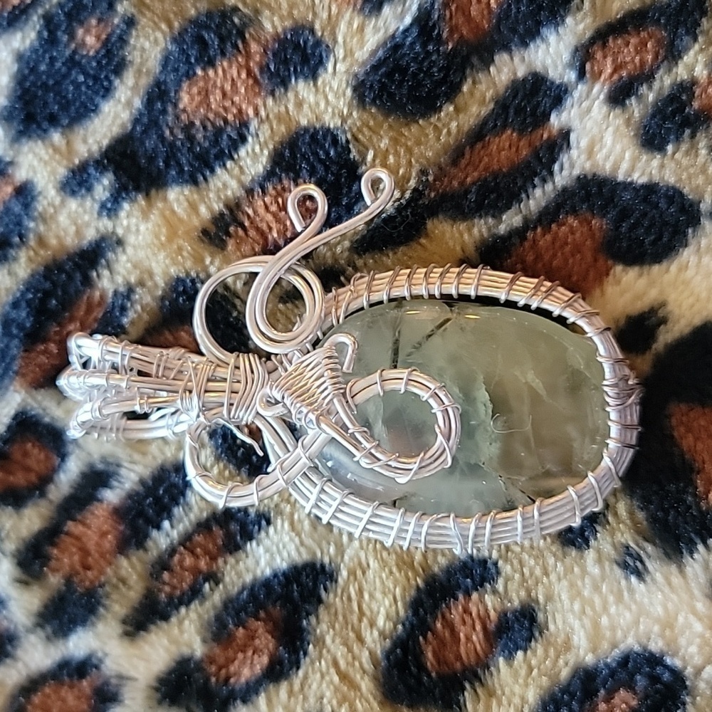 Moss Prehnite Silver Tone Wire Wrapped Pendant
